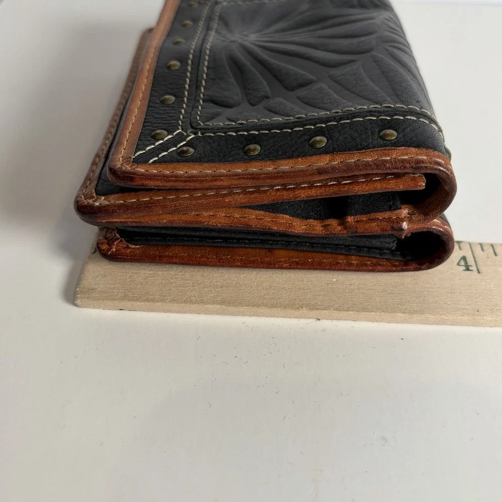 Fossil Women's Wallet Studded Tooled Leather Floral Black Brown